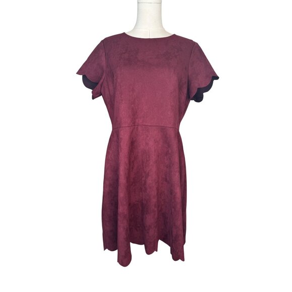 Pappagallo Size 12 Burgundy Suede-Style Scalloped Hem Dress - Picture 4 of 16